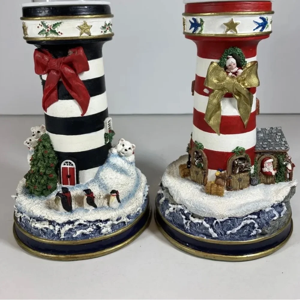 Pair of Danbury Mint Lighthouse Candle Holders‎ Christmas Santa Polar Bear